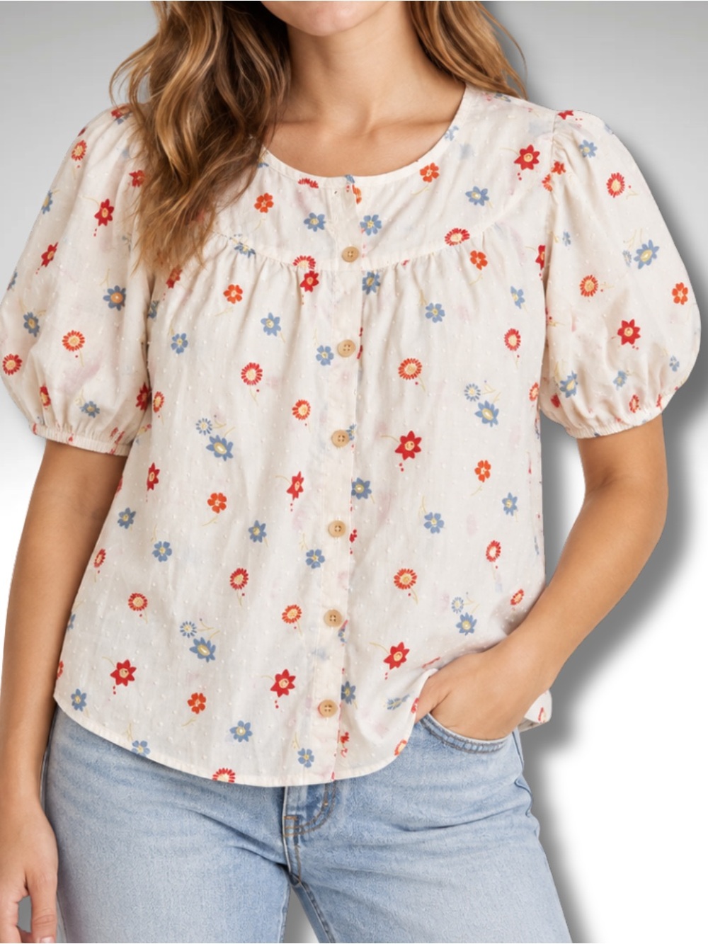 Madewell Happy Hibiscus Swiss Dot Floral Puff Sleeve Blouse XS